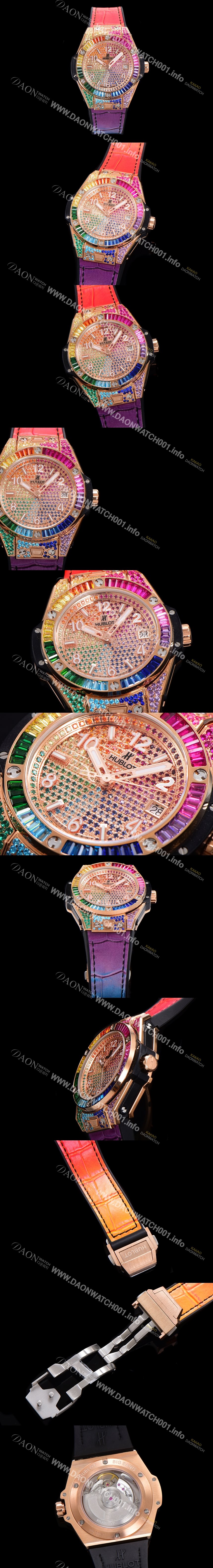 레플리카 [휴블렛] 남여공용 빅뱅 오토매틱 HUB1710타입 39mm 다이아/보석 세팅 로즈골드 우레탄/가죽 믹스밴드 보석다이얼 hub9131