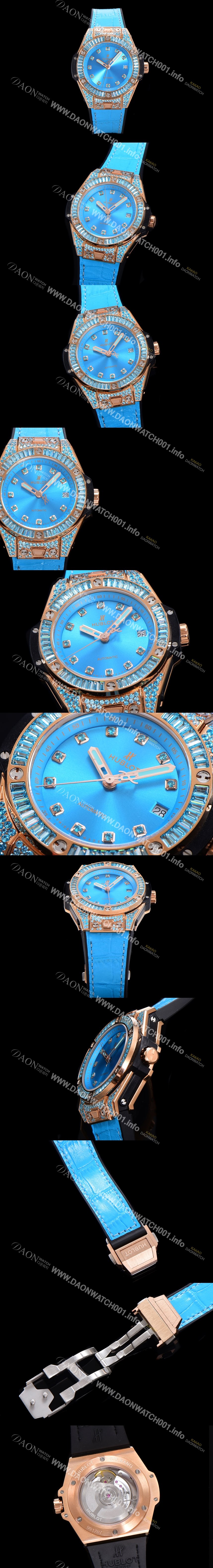 레플리카 [휴블렛] 남여공용 빅뱅 오토매틱 HUB1710타입 39mm 다이아/보석 세팅 로즈골드 우레탄/가죽 믹스밴드 블루다이얼 hub9312