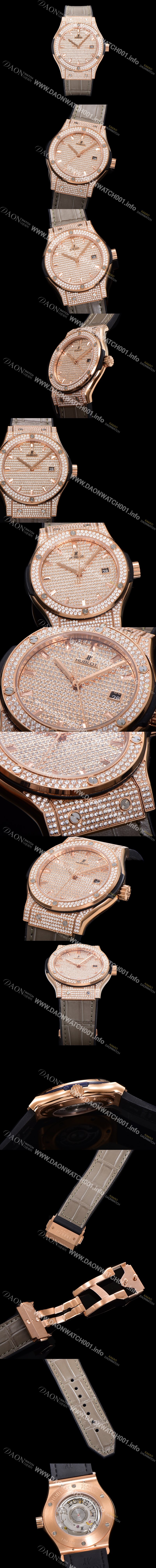 레플리카 [휴블렛] 남성용 클래식 퓨전 565.OX.9010.LR.1704 다이아몬드 셋팅 큐빅/보석 다이얼 18K로즈골드 42미리 오토매틱 2892 타입 가죽/우레탄 믹스밴드 hub2128