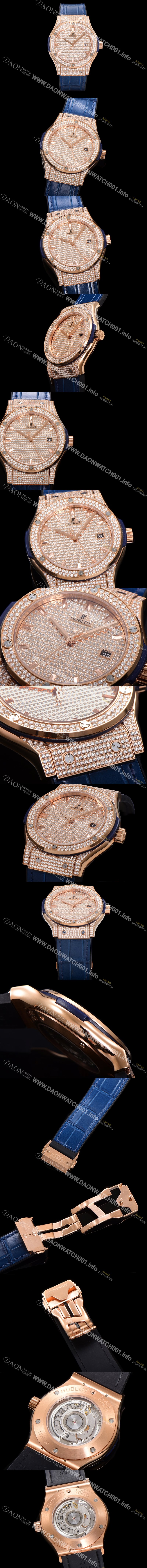 레플리카 [휴블렛] 남성용 클래식 퓨전 565.OX.9010.LR.1704 다이아몬드 셋팅 큐빅/보석 다이얼 18K로즈골드 42미리 오토매틱 2892 타입 가죽/우레탄 믹스밴드 hub2129