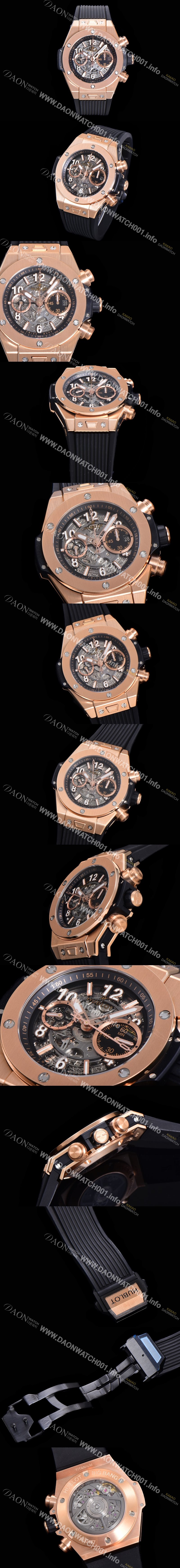 레플리카 [휴블렛] 남성용 빅뱅 유니코 킹골드 크로노그래프 421.OX.5180.RX 로즈골드 HUB1280 오토매틱 므브먼트 44mm 러버밴드 스켈레톤 다이얼 hub38959