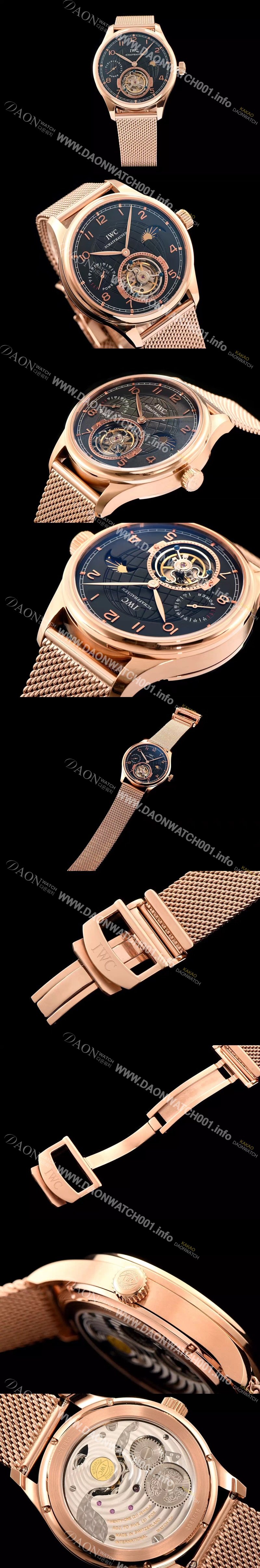 레플리카 [아이더블유씨] 남성용 IWC 포르투기즈 투어빌론 문페이즈 파워리져브 로즈골드 블랙 다이얼 로즈골드 메쉬 브레이슬릿 IWC0210