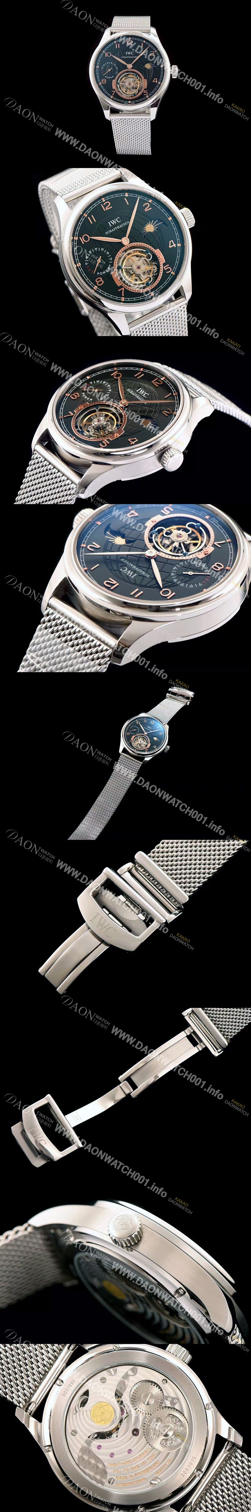 레플리카 [아이더블유씨] 남성용 포르투기즈 투어빌론 문페이즈 파워리져브 로즈골드 인덱스 블랙 다이얼 스틸 메쉬 브레이슬릿 IWC0214