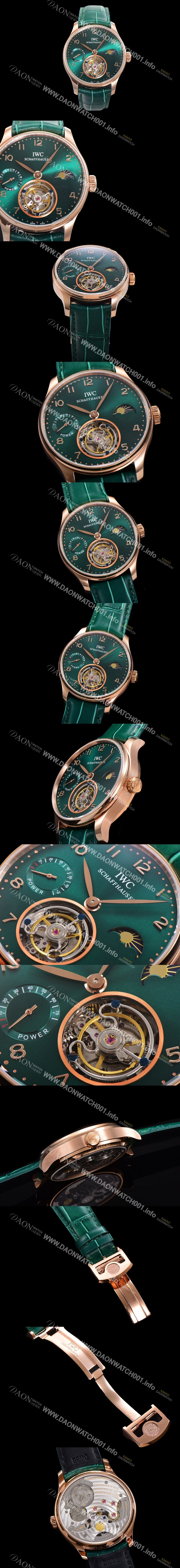 레플리카 [아이더블유씨] 남성용 신제품 UP!! 포르투기즈 컴플리케이션 하이  "투어빌론 문페이즈 파워 리저브"아시안 투어빌론 탑재  18K 로즈골드 42mm 가죽줄 그린 다이얼   iwc1599
