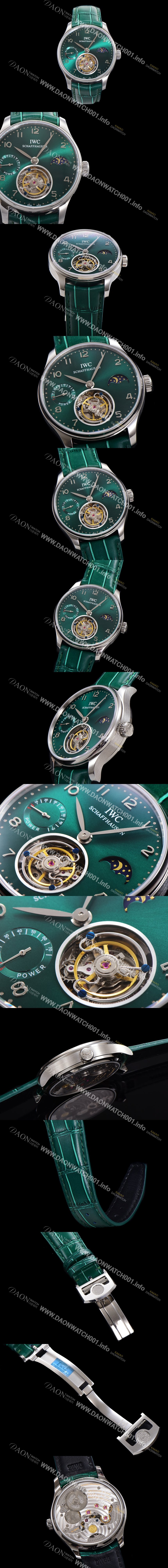 레플리카 [아이더블유씨] 남성용 신제품 UP!! 포르투기즈 컴플리케이션 하이  "투어빌론 문페이즈 파워 리저브"아시안 투어빌론 탑재  42mm 가죽줄 그린 다이얼   iwc9359