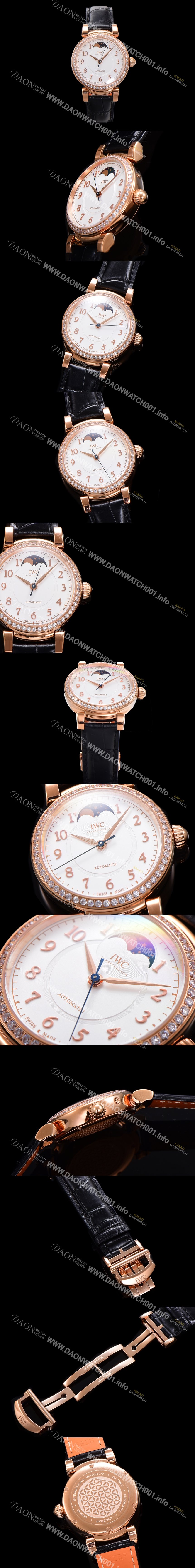 레플리카 [아이더블유씨]여성용 다빈치 오토매틱 문페이즈 36mm 18K 로조골드 다이아몬드베젤가죽줄 화이트다이얼 iwc28513