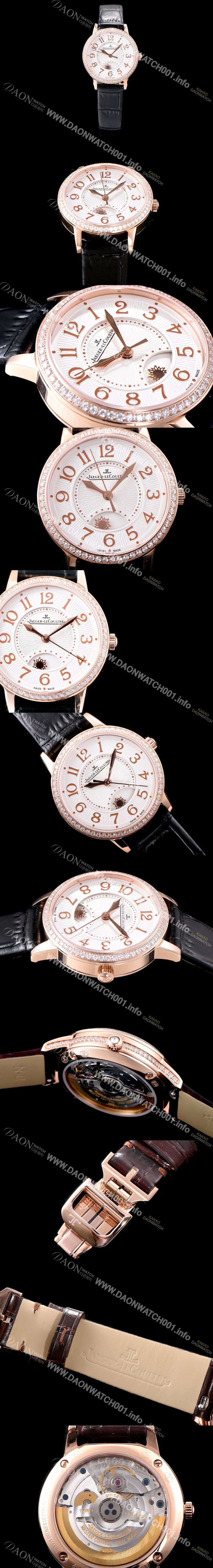 레플리카 [예거르꿀르뜨] 남성용 랑데부 나잇&데이 3442440 레이디 워치 18K 로즈골드 최상급 다이아몬드 세팅 베젤 문페이즈 화이트 텍스쳐드 다이얼 오토매틱 무브먼트 JAG0440