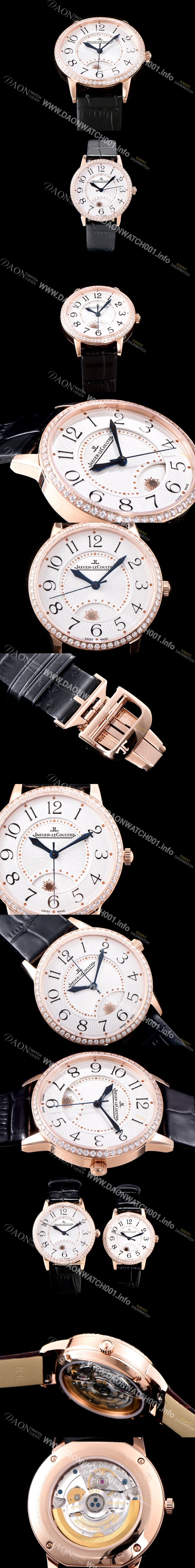 레플리카 [예거르꿀르뜨] 남성용 랑데부 나잇&데이 3442440 레이디 워치 18K 로즈골드 최상급 다이아몬드 세팅 베젤 문페이즈 화이트 텍스쳐드 다이얼 오토매틱 무브먼트 JAG0424