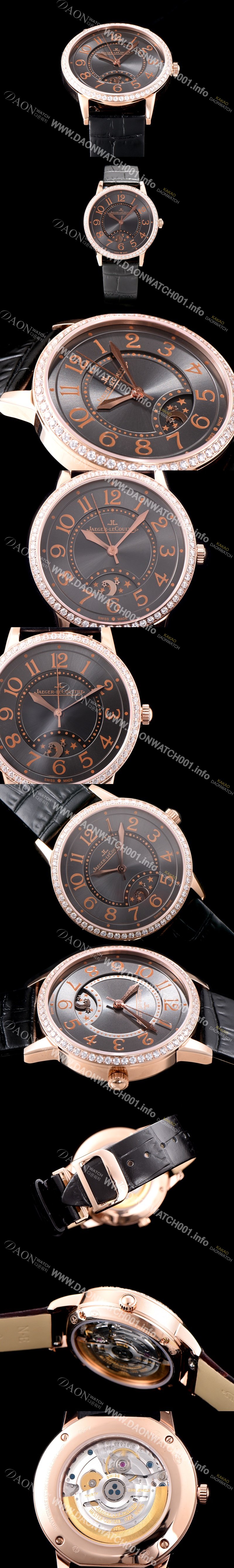 레플리카 [예거르꿀르뜨] 남성용 랑데부 나잇&데이 3442150 레이디 워치 18K 로즈골드 최상급 다이아몬드 세팅 베젤 문페이즈 그레이 다이얼 오토매틱 무브먼트 JAG0421