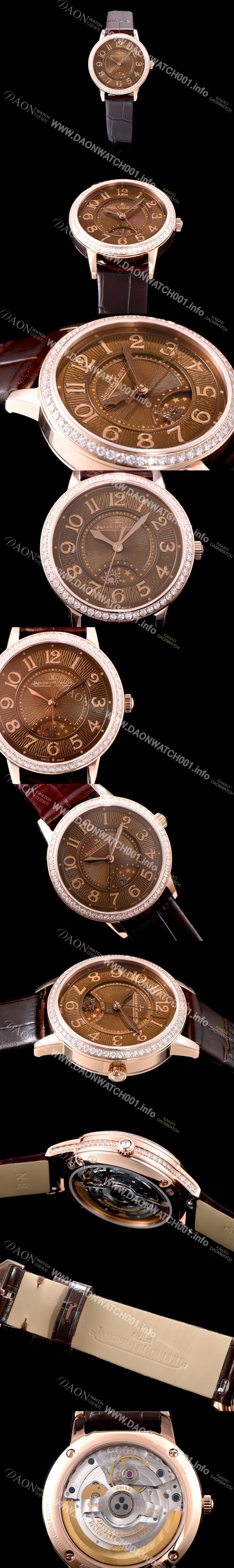 레플리카 [예거르꿀르뜨] 남성용 랑데부 나잇&데이 344242J 레이디 워치 18K 로즈골드 최상급 다이아몬드 세팅 베젤 문페이즈 브라운 텍스쳐드 다이얼 오토매틱 무브먼트 JAG0420