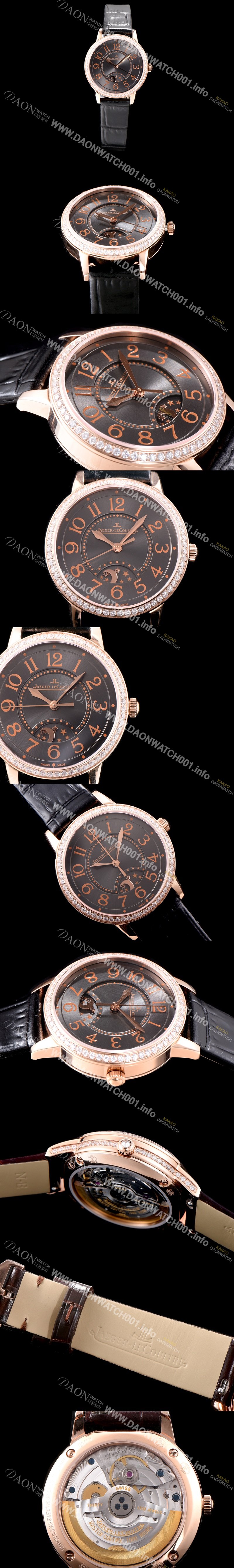 레플리카 [예거르꿀르뜨] 남성용 랑데부 나잇&데이 3442150 레이디 워치 18K 로즈골드 최상급 다이아몬드 세팅 베젤 문페이즈 그레이 다이얼 오토매틱 무브먼트 JAG0423