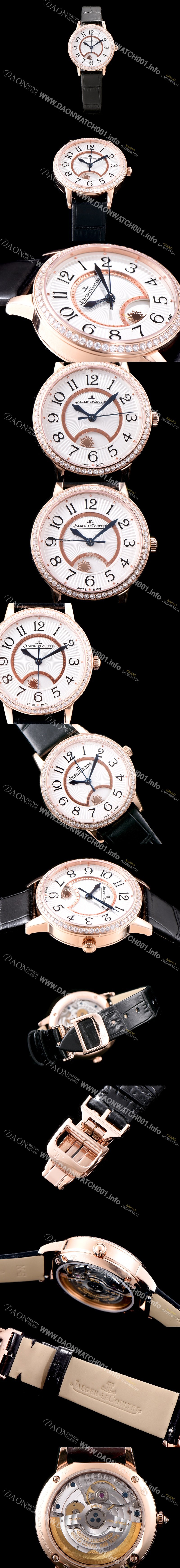레플리카 [예거르꿀르뜨] 남성용 랑데부 나잇&데이 3442440 레이디 워치 18K 로즈골드 최상급 다이아몬드 세팅 베젤 문페이즈 화이트 텍스쳐드 다이얼 오토매틱 무브먼트 JAG0425
