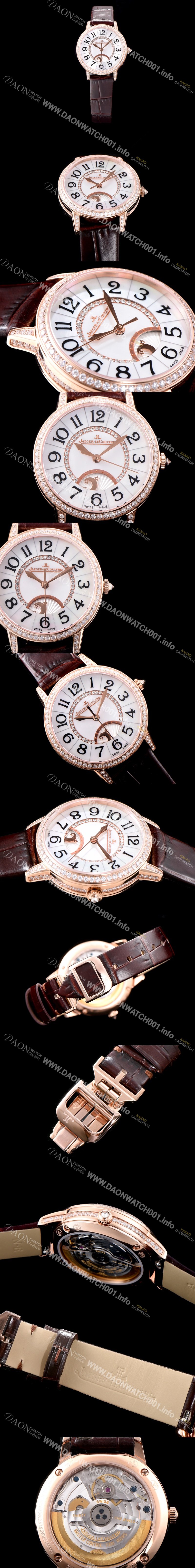 레플리카 [예거르꿀르뜨] 남성용 랑데부 나잇&데이 3442440 레이디 워치 18K 로즈골드 최상급 다이아몬드 세팅 베젤 문페이즈 자개 다이얼 오토매틱 무브먼트 JAG0420
