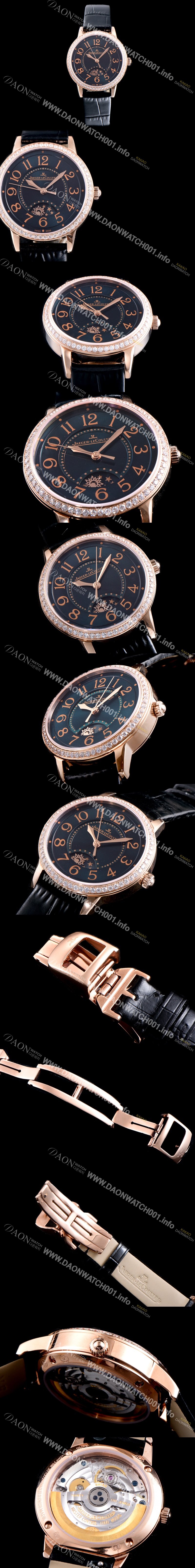 레플리카 [예거르꿀르뜨] 남성용 랑데부 나잇&데이 3442450 레이디 워치 18K 로즈골드 최상급 다이아몬드 세팅 베젤 문페이즈 그린 썬더스트 다이얼 오토매틱 무브먼트 JAG0411