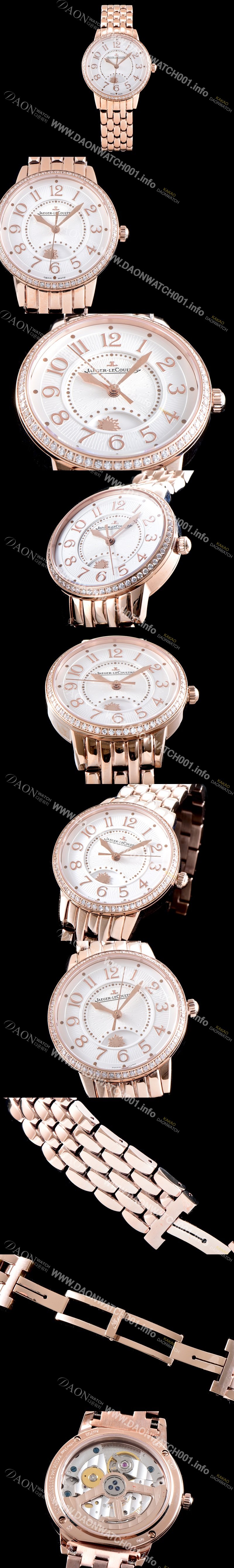 레플리카 [예거르꿀르뜨] 남성용 랑데부 나잇&데이 3442130 미디엄 레이디 워치!! 브릴리언트 컷 다이아몬드 고급스러운 18K로즈골드 케이스 문페이즈 화이트 기요셰 다이얼 오토매틱 무브먼트 JAG0452