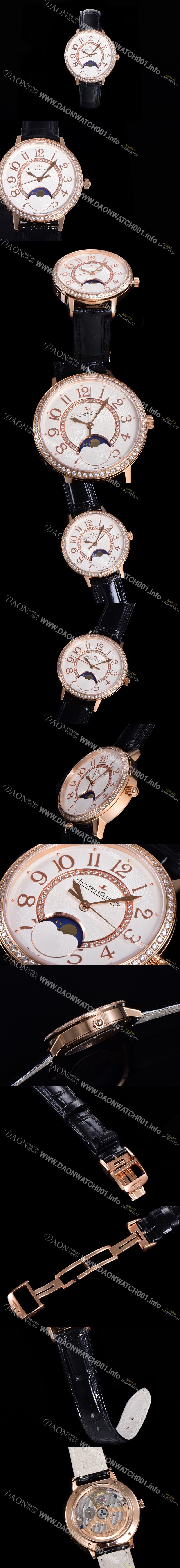 예거르꿀뜨르 랑데뷰 문미듐 오토매틱 Cal.935타입 34mm 18K로즈골드 보석/다이아 베젤 여성용 가죽줄 화이트다이얼 jag025881457