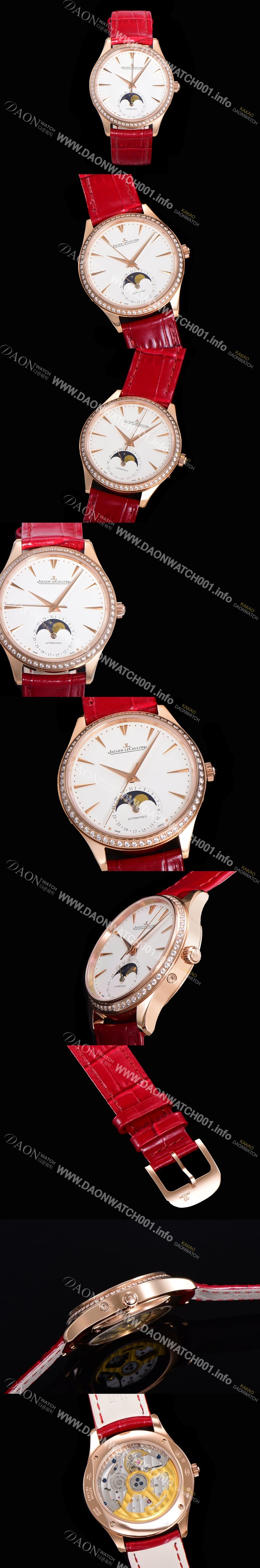 레플리카 [예거르꿀뜨르] 남성용 마스터 울트라 씬 문페이즈 39mm 오토매틱 866타입 18K로즈골드/다이아몬드 베젤 가죽줄 화이트다이얼 jag2319