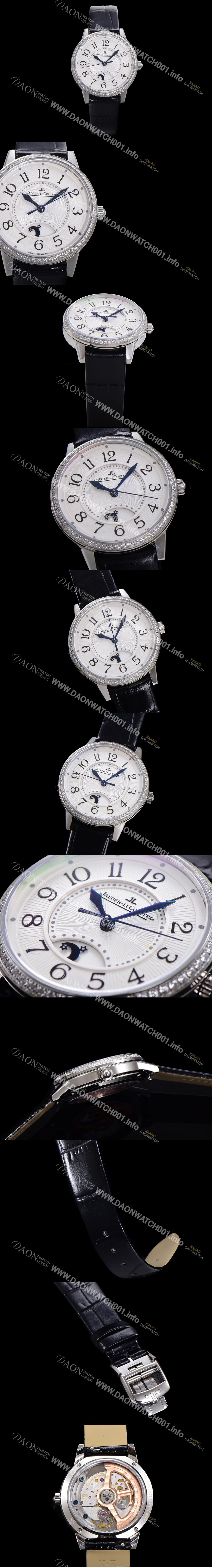 레플리카 [예거 르꿀르뜨] 여성용 랑데뷰 나잇&데이 문페이즈 오토매틱 898A 타입 무브 34mm 보석 배젤 가죽줄 화이트다이얼 jag9915