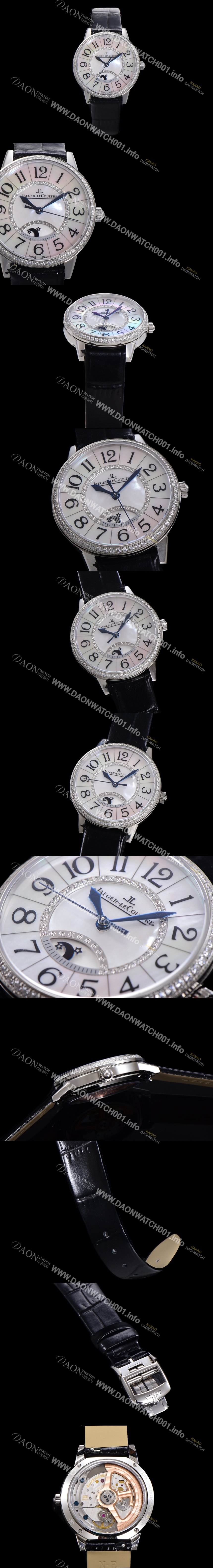 레플리카 [예거 르꿀르뜨] 여성용 랑데뷰 나잇&데이 문페이즈 오토매틱 898A 타입 무브 34mm 보석 배젤 가죽줄자게 화이트다이얼 jag5913
