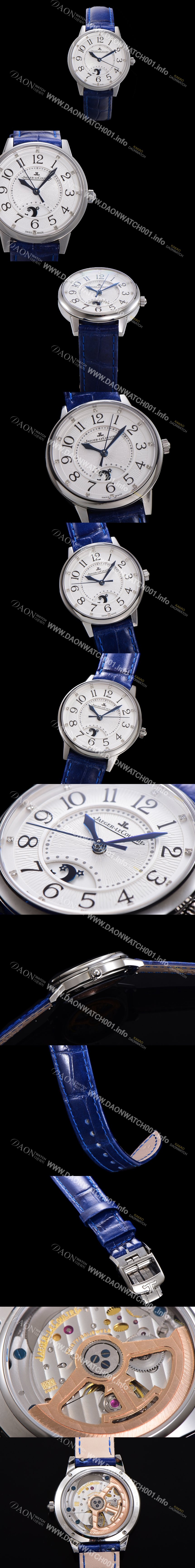 레플리카 [예거 르꿀르뜨] 여성용 랑데뷰 나잇&데이 문페이즈 오토매틱 898A 타입 무브 34mm 보석 배젤 가죽줄 화이트다이얼 jag9139