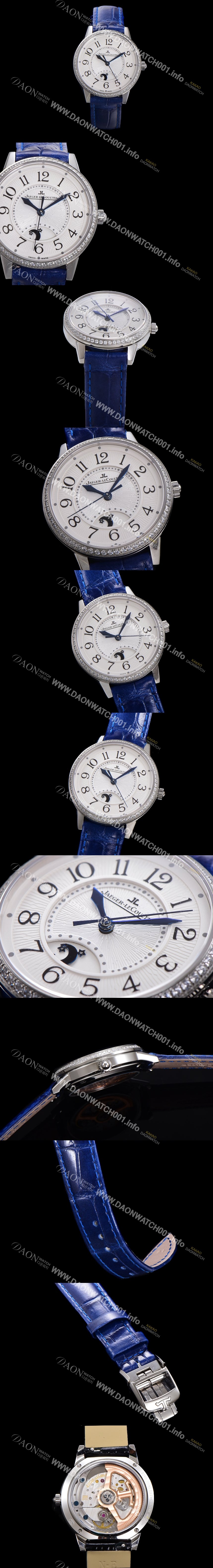 레플리카 [예거 르꿀르뜨] 여성용 랑데뷰 나잇&데이 문페이즈 오토매틱 898A 타입 무브 34mm 보석 배젤 가죽줄  화이트다이얼 jag1521