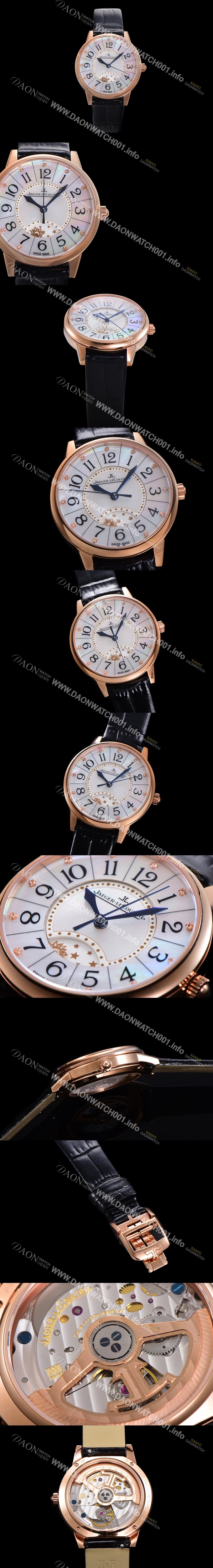 레플리카 [예거 르꿀르뜨] 여성용 랑데뷰 나잇&데이 문페이즈 오토매틱 898A 타입 무브 34mm 금장 가죽줄 자게 화이트다이얼 jag5123