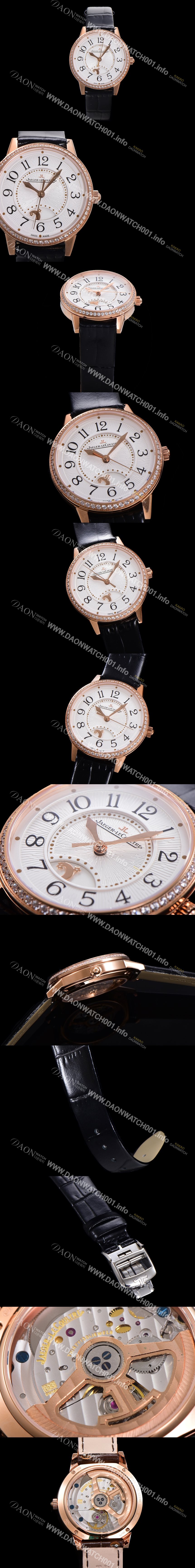 레플리카 [예거 르꿀르뜨] 여성용 랑데뷰 나잇&데이 문페이즈 오토매틱 898A 타입 무브 34mm 금장시계 보석  배젤 가죽줄 화이트다이얼 jag9251