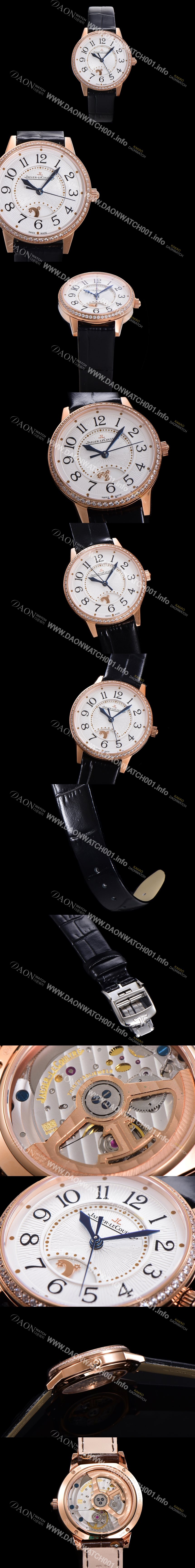 레플리카 [예거 르꿀르뜨] 여성용 랑데뷰 나잇&데이 문페이즈 오토매틱 898A 타입 무브 34mm 금장시계 보석 배젤 가죽줄 화이트다이얼 jag1151