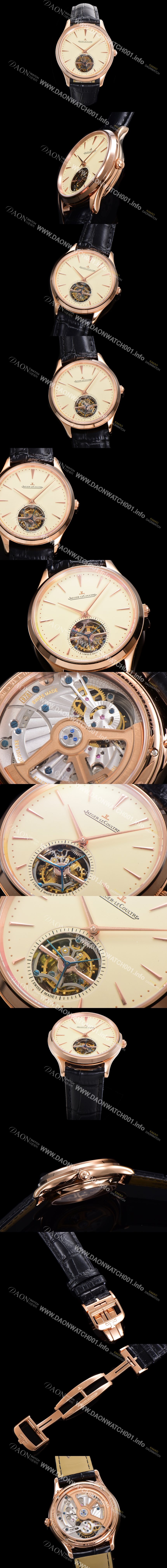 레플리카 [예거 르꿀르뜨] 남성용 마스터 울트라 씬 투어빌론 43mm 18K로즈골드 가죽줄 아이보리 다이얼  jag1925