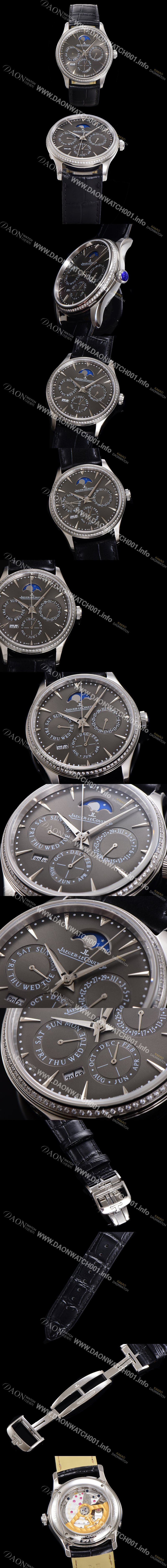 레플리카 [예거르꿀뜨르] 남성용 마스터 울트라 퍼페추얼 캘린더 오토매틱 MC868 타입 39mm 가죽줄 다이아몬드베젤 문페이즈  그레이 다이얼 jag70487