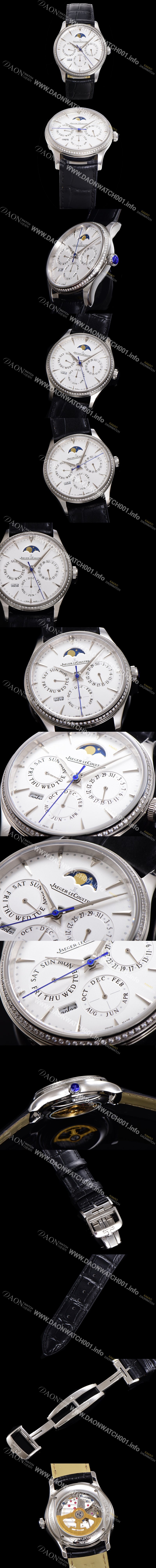 레플리카 [예거르꿀뜨르] 남성용 마스터 울트라 퍼페추얼 캘린더 오토매틱 MC868 타입 39mm 가죽줄 다이아몬드베젤 문페이즈  화이트다이얼 jag24492