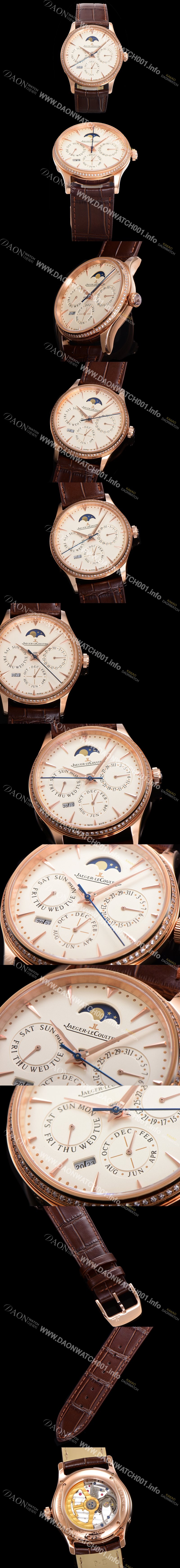 레플리카 [예거르꿀뜨르] 남성용 마스터 울트라 퍼페추얼 캘린더 18K 로즈골드 오토매틱 MC868 타입 39mm 가죽줄 다이아몬드베젤 문페이즈 아이보리다이얼 jag20778