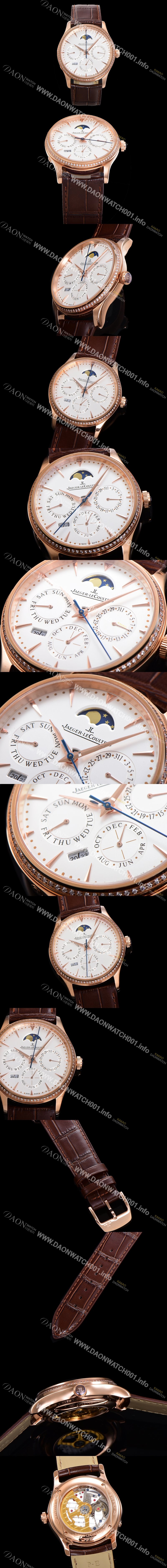 레플리카 [예거르꿀뜨르] 남성용 마스터 울트라 퍼페추얼 캘린더 18K 로즈골드 오토매틱 MC868 타입 39mm 가죽줄 다이아몬드베젤 문페이즈 화이트 다이얼 jag80287
