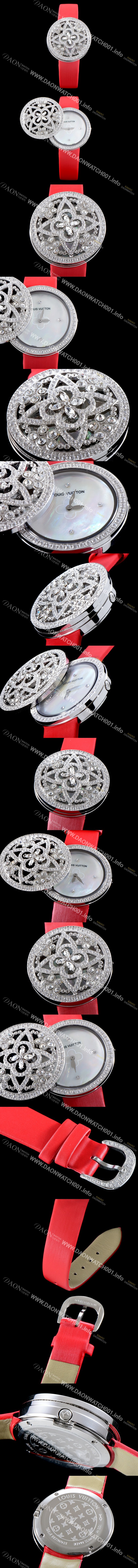 레플리카 [루이비통] 남성용 탕부르 컬렉션 Q151D0 비주 시크릿!! 최상급 퀄리티의 쥬얼셋팅 케이스 핑크 마더 오브 펄 다이얼 스위스 쿼츠 무브먼트 LOU4201