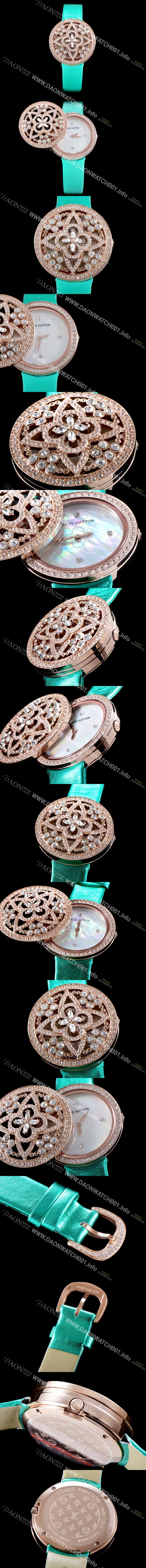 레플리카 [루이비통] 남성용 탕부르 컬렉션 Q151D0 비주 시크릿!! 최상급 퀄리티의 쥬얼셋팅 케이스 핑크 마더 오브 펄 다이얼 스위스 쿼츠 무브먼트 LOU4200