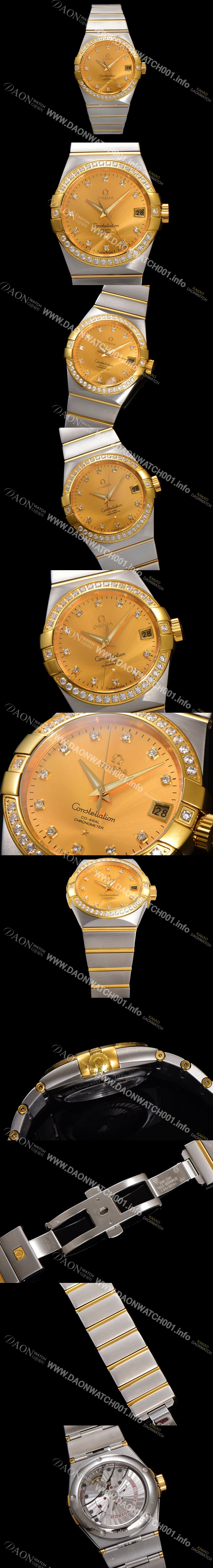 레플리카 [오메가] 남성용 컨스틀레이션 123.25.38.21.58.001 18k 옐로우골드 다이아몬드 세팅 베젤 38mm 오토매틱 8500타입 샴페인 다이얼 omg0158