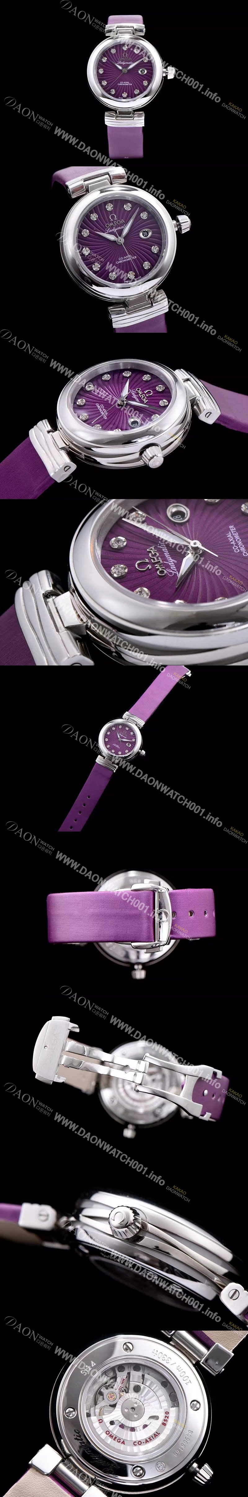 레플리카 [오메가] 남성용 드빌 신형 레이디매틱!! 425.32.34.20.60.001 입체형 퍼플 다이얼 쥬얼 다이아몬드 인덱스 오토매틱 무브먼트 OMG0030