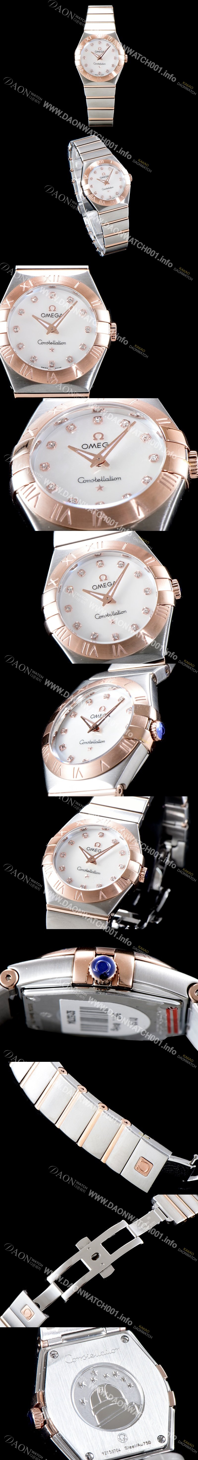 레플리카 [오메가] 여성 컬렉션 컨스틀레이션 123.20.27.60.55.001 오메가 코-액시얼 27MM 로마 숫자가 인그레이빙된 베젤 18K 로즈골드 콤비 화이트 자개 다이얼 쿼츠 무브먼트 OMG0123