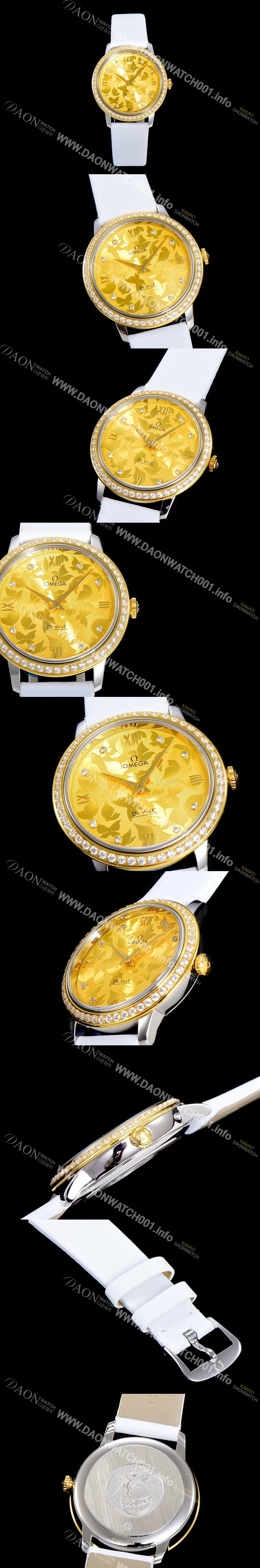 레플리카 [오메가] 여성용 드빌 프레스티지 32.7미리 쿼츠 금장 보석/큐빅 셋팅 4061타입 레이디 소가죽줄 골드다이얼 OMG79437
