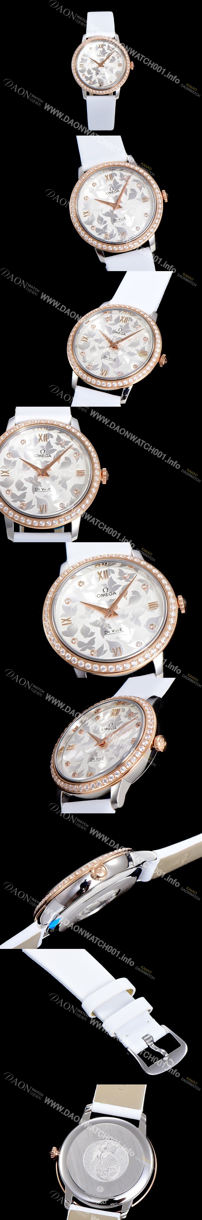 레플리카 [오메가] 여성용 드빌 프레스티지 32.7미리 쿼츠 금장 보석/큐빅 셋팅 4061타입 레이디 소가죽줄 화이트다이얼 OMG79446
