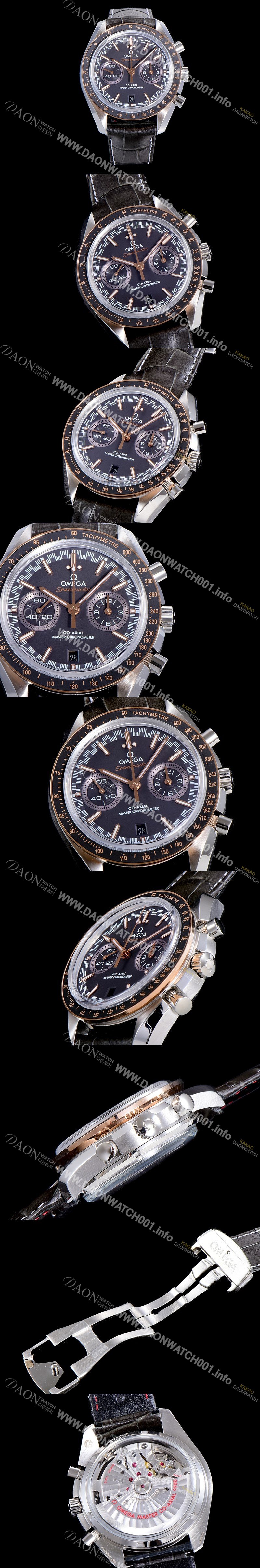 레플리카 [오메가] 남성용 스피드마스터 라싱 크로노메터 44미리 오토매틱 P.9900 18K로즈골드 라인베젤 가죽밴드블랙다이얼 OMG79592