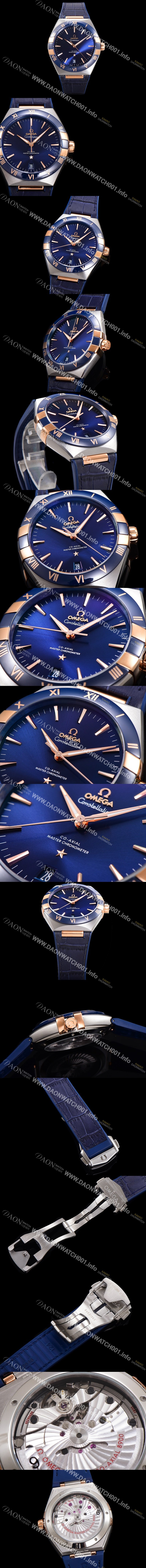 레플리카 [오메가] 남성용 1:1수제공정! 무브UP 컨스틸레이션 코-엑시얼 마스터 오토매틱 Cal.8900타입  41mm  18K 로즈골드 가죽/우레탄 믹스 블루다이얼 omg90744