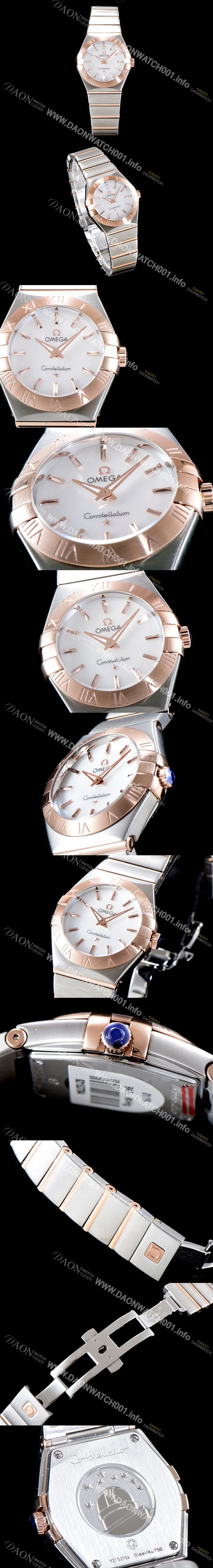 레플리카 [오메가] 남성용 여성 컬렉션 컨스틀레이션 123.20.24.60.05.001 오메가 코-액시얼 27MM 로마 숫자가 인그레이빙된 베젤 18K 로즈골드 콤비 화이트 자개 다이얼 쿼츠 무브먼트 OMG4123