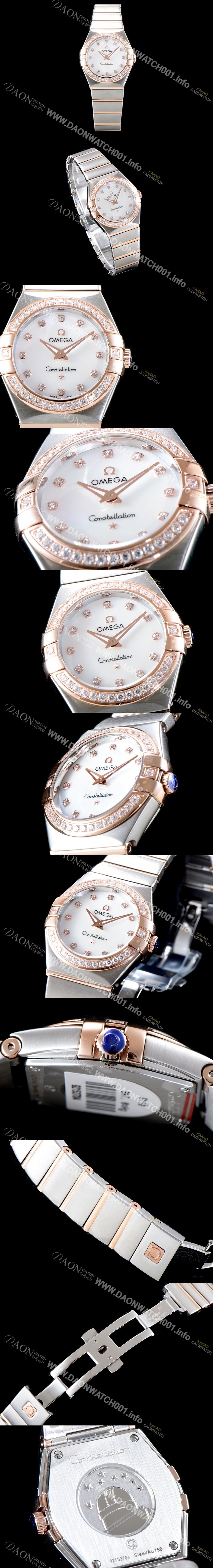 레플리카 [오메가] 남성용 여성 컬렉션 컨스틀레이션 123.25.24.60.55.001 오메가 코-액시얼 27MM 다이아몬드 세팅 베젤 화이트 자개 다이얼 18K 로즈골드 콤비 쿼츠 무브먼트 OMG4125