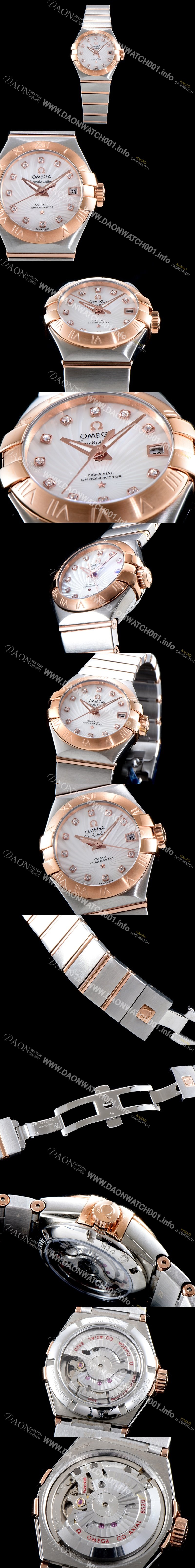레플리카 [오메가] 남성용 여성 컬렉션 컨스틀레이션 123.20.27.20.55.001 오메가 코-액시얼 27MM 로마 숫자가 인그레이빙된 베젤 18K 로즈골드 콤비 화이트 자개 다이얼 쿼츠 무브먼트 OMG4121