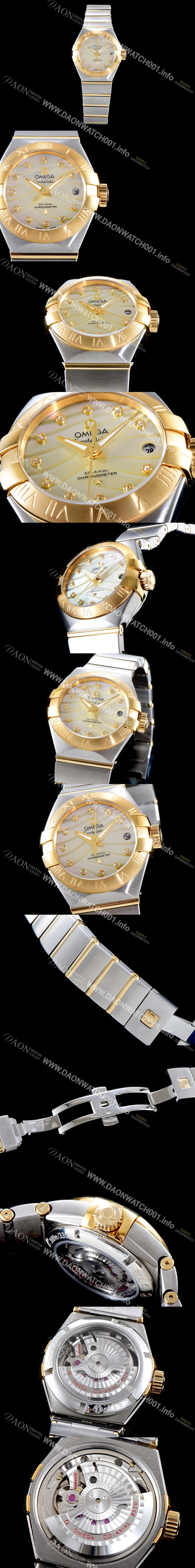 레플리카 [오메가] 남성용 여성 컬렉션 컨스틀레이션 123.20.27.20.55.002 오메가 코-액시얼 27MM 로마 숫자가 인그레이빙된 베젤 18K 옐로골드 콤비 자개 다이얼 쿼츠 무브먼트 OMG4120