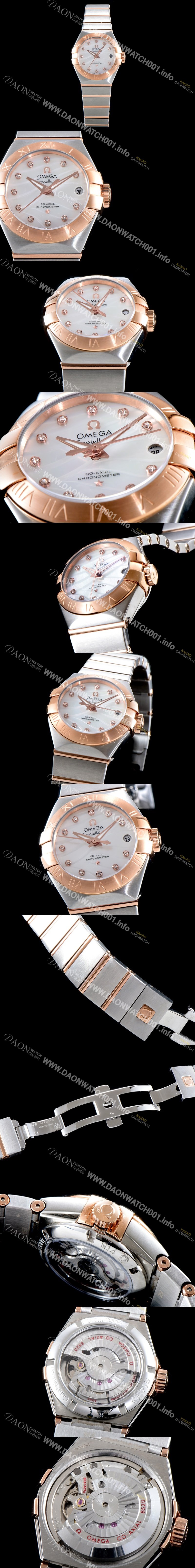 레플리카 [오메가] 남성용 여성 컬렉션 컨스틀레이션 123.20.27.20.55.003 오메가 코-액시얼 27MM 로마 숫자가 인그레이빙된 베젤 18K 로즈골드 콤비 화이트 자개 다이얼 쿼츠 무브먼트 OMG4110