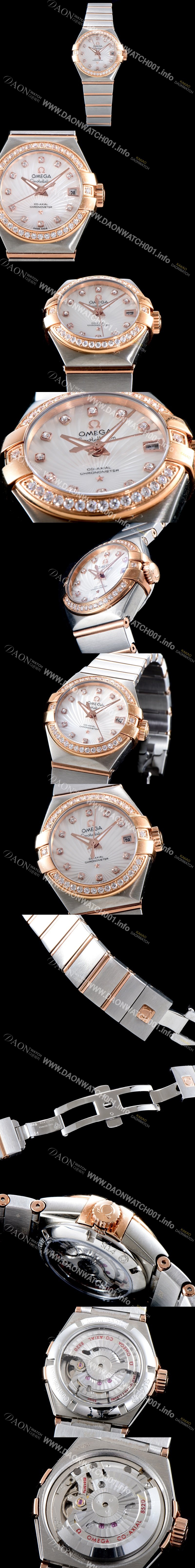 레플리카 [오메가] 남성용 여성 컬렉션 컨스틀레이션 123.25.27.20.55.001 오메가 코-액시얼 27MM 다이아몬드 세팅 베젤 화이트 자개 다이얼 18K 로즈골드 콤비 쿼츠 무브먼트 OMG4114