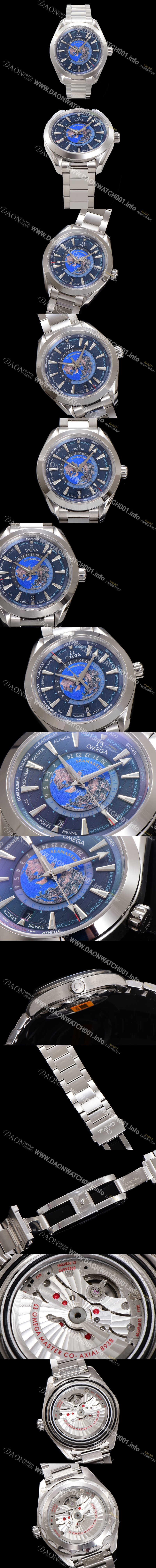 레플리카 [오메가] 남성용 씨마스터 220.10.43.22.03.001 아쿠아테라 150M GMT 월드타이머 43미리 오토매틱 Cal. 8938 타입 메탈줄 블루 다이얼 omg20240