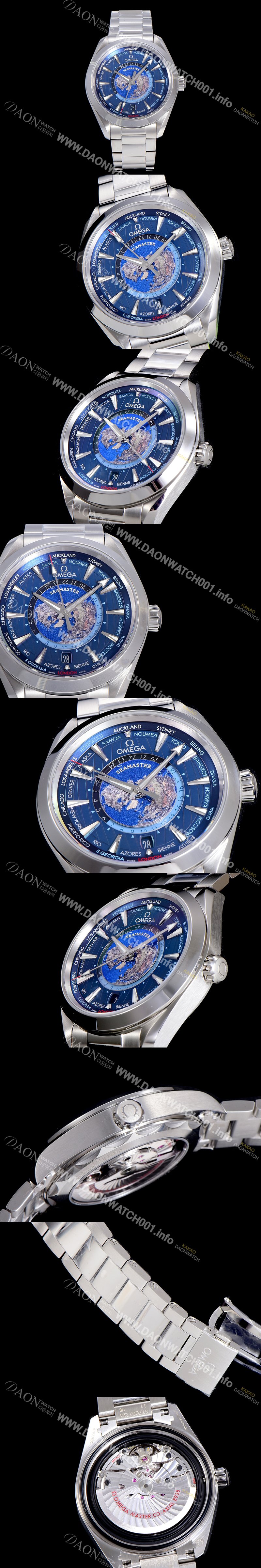 레플리카 [오메가] 남성용 씨마스터 220.10.43.22.03.001 아쿠아테라 150미터 GMT 오토매틱 월드타이머 43미리 메탈줄 블루다이얼 OMG23495